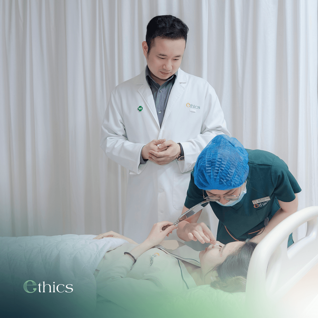 Doctor and medical staff examining the nose area of a patient